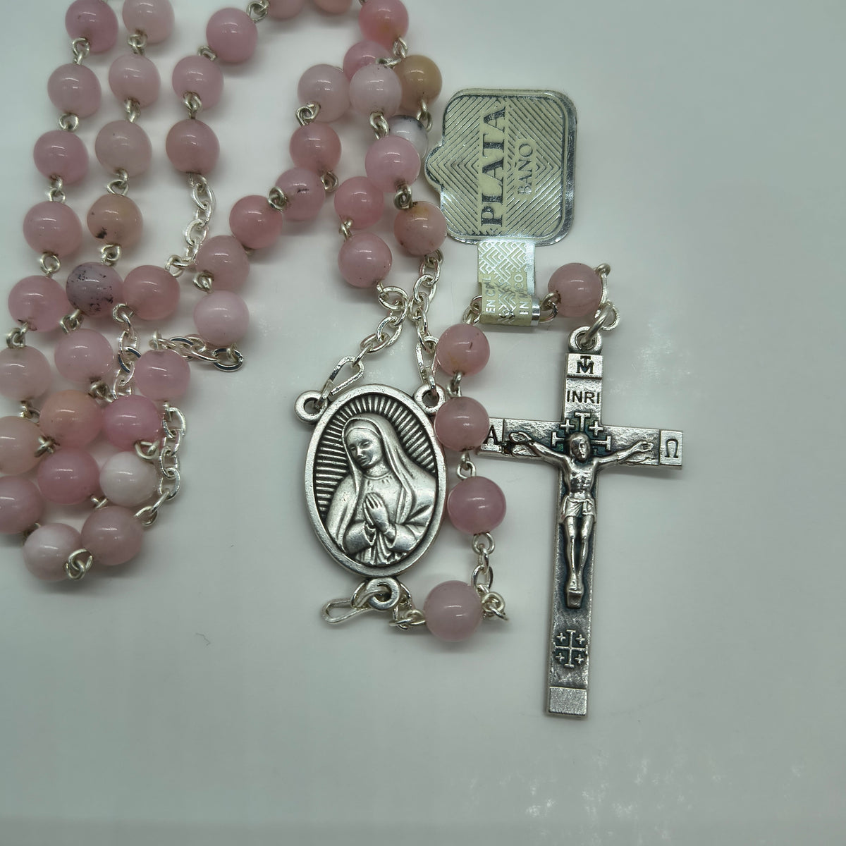 Rosario Jade #6 Rosado Baño de Plata Virgen de Guadalupe