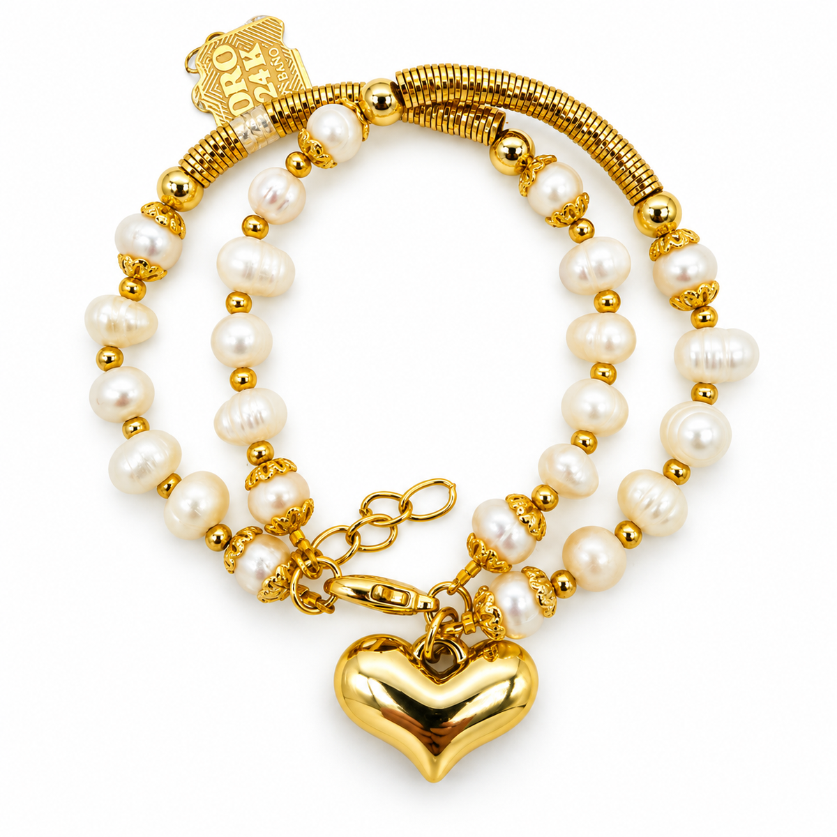 Pulsera Duo Perla de Río con Tubo y Corazón Dorado