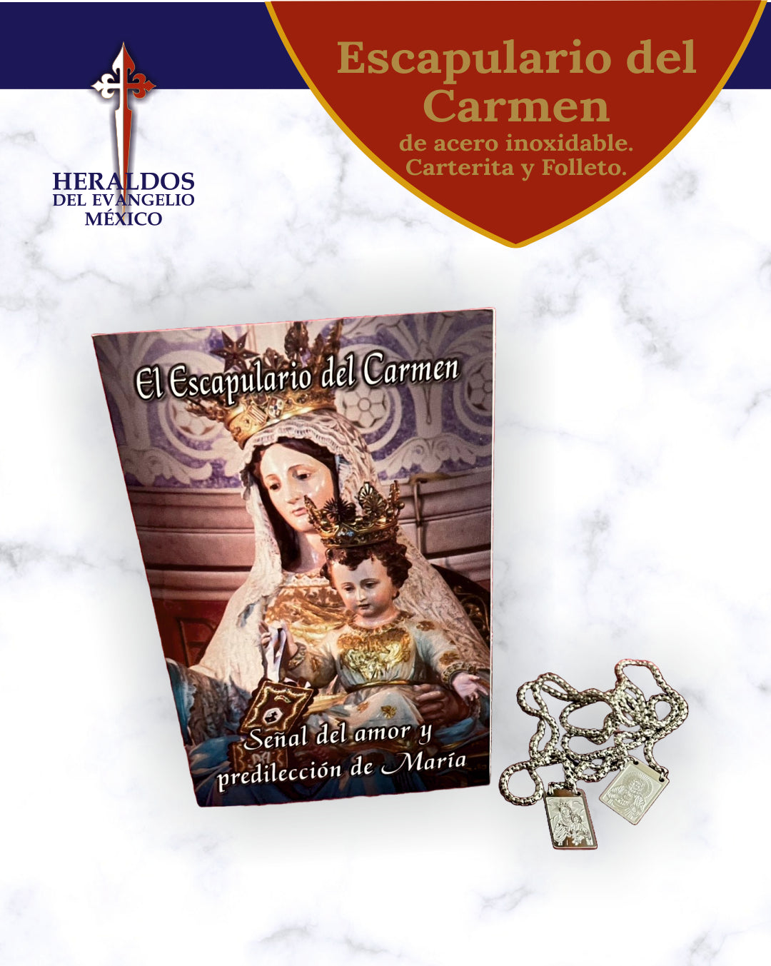 Stainless steel scapular of the Virgin of Carmen with explanatory leaflet.