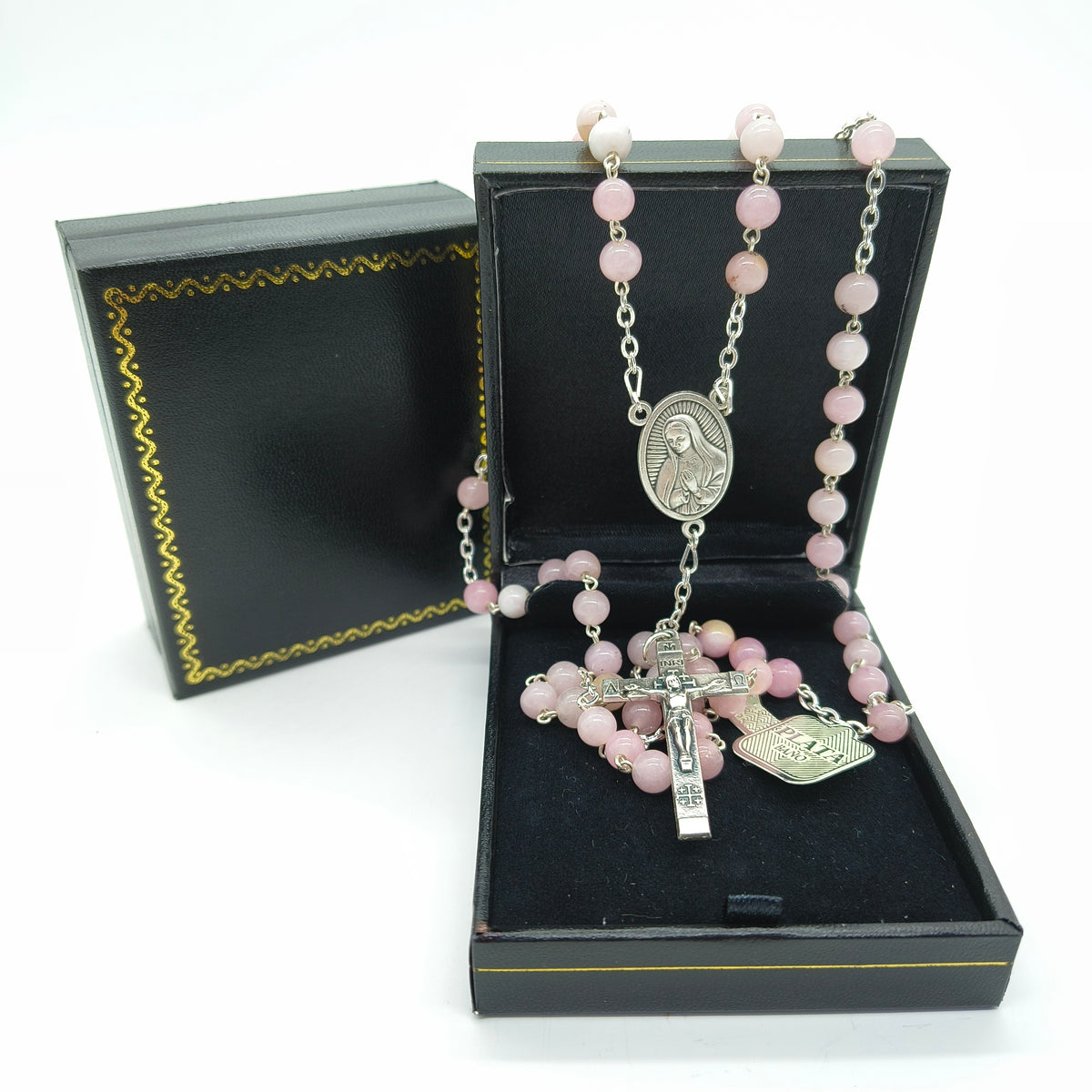 Rosario Jade #6 Rosado Baño de Plata Virgen de Guadalupe