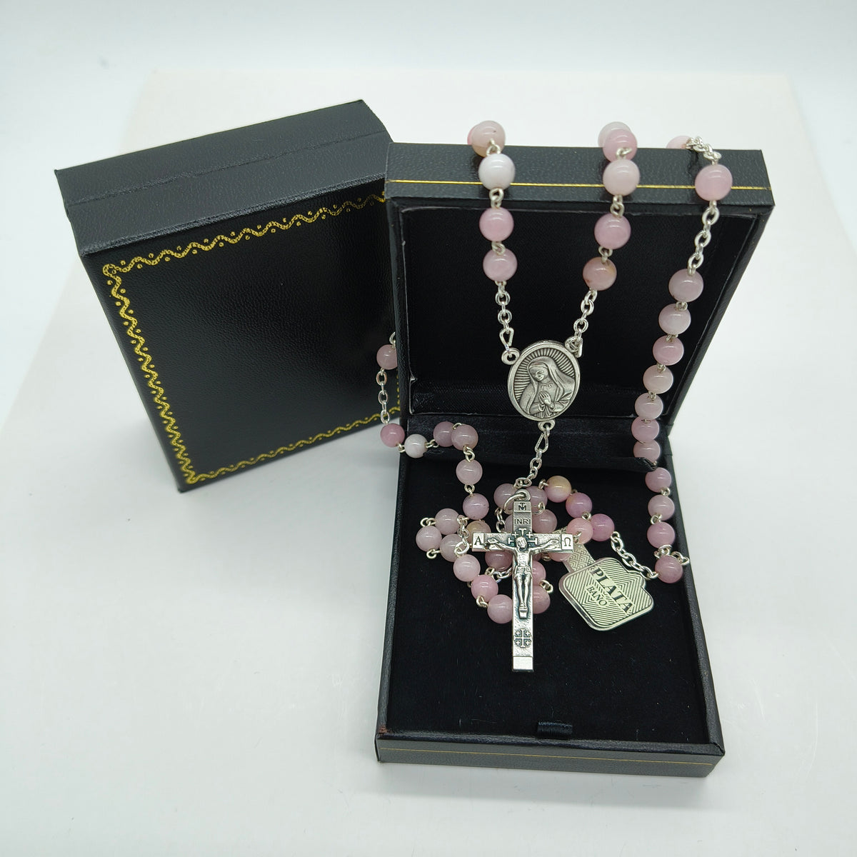 Rosario Jade #6 Rosado Baño de Plata Virgen de Guadalupe