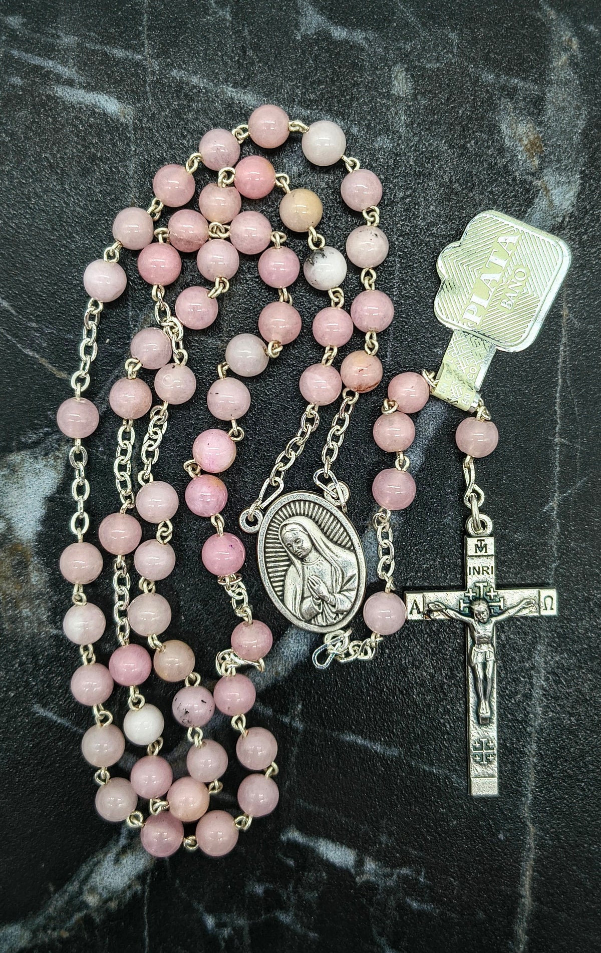 Rosario Jade #6 Rosado Baño de Plata Virgen de Guadalupe