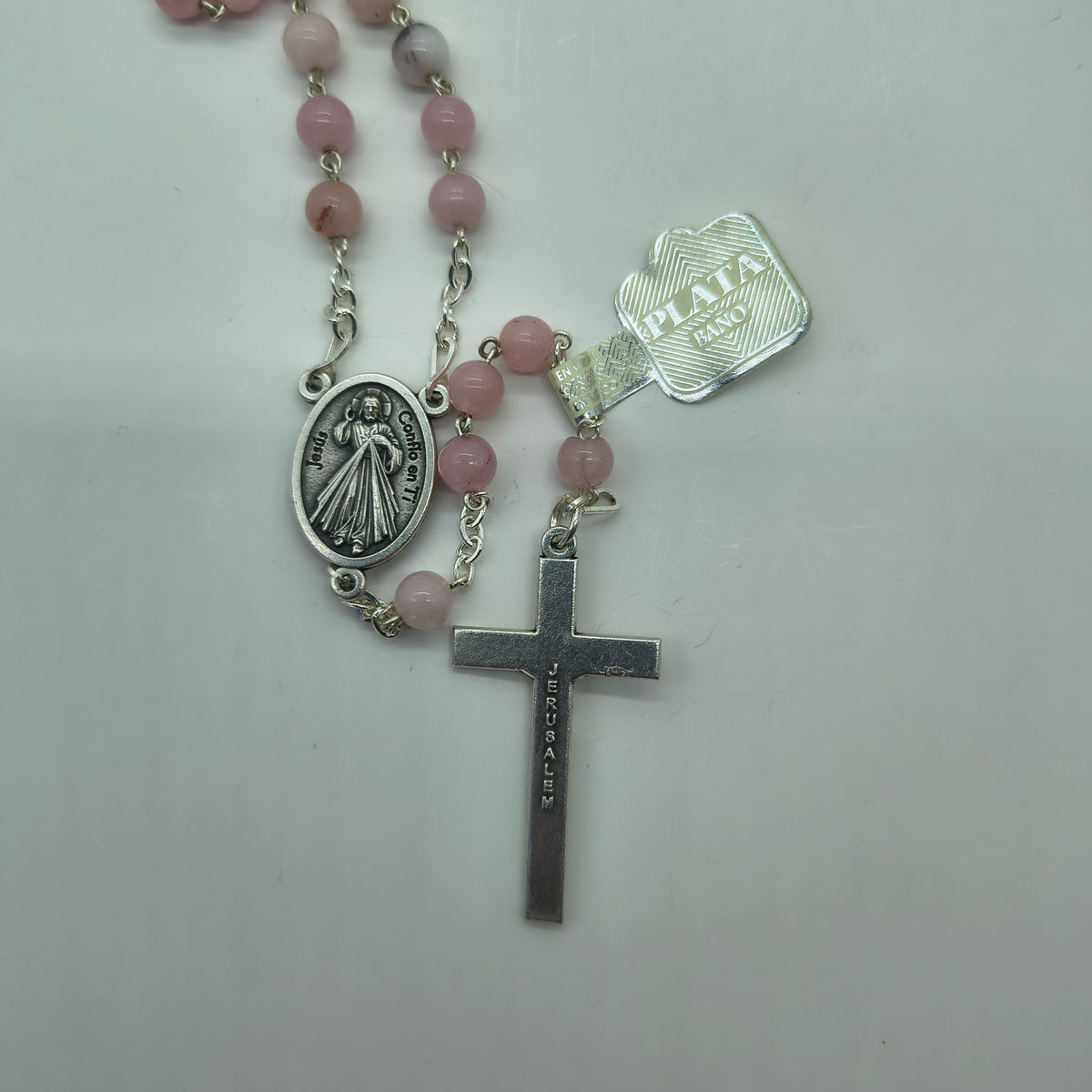 Rosario Jade #6 Rosado Baño de Plata Virgen de Guadalupe