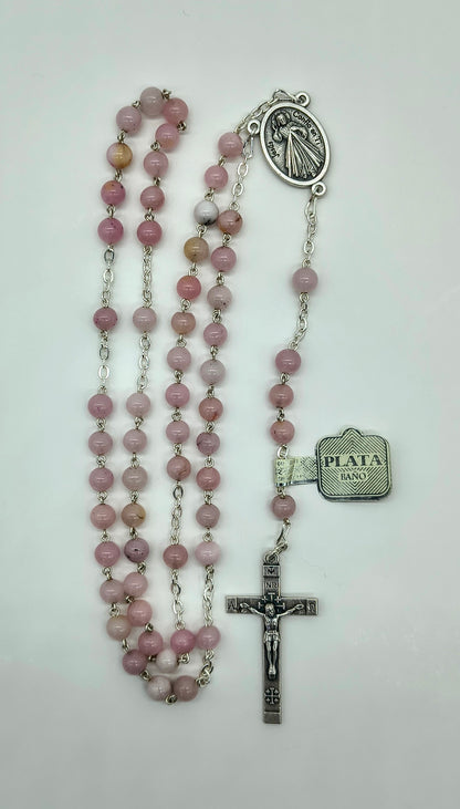 Rosario Jade #6 Rosado Baño de Plata Virgen de Guadalupe
