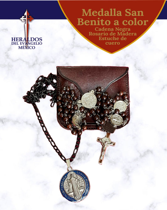 Saint Benedict medal with black steel chain and wooden rosary with Saint Benedict medal.