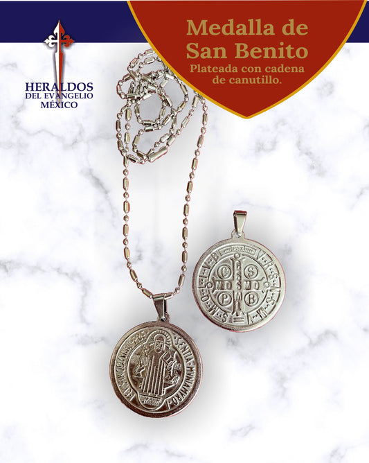 Silver-plated Saint Benedict medal with chain