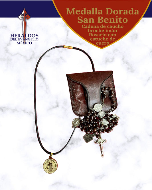 Gold-plated Saint Benedict medal in steel with wooden Rosary.