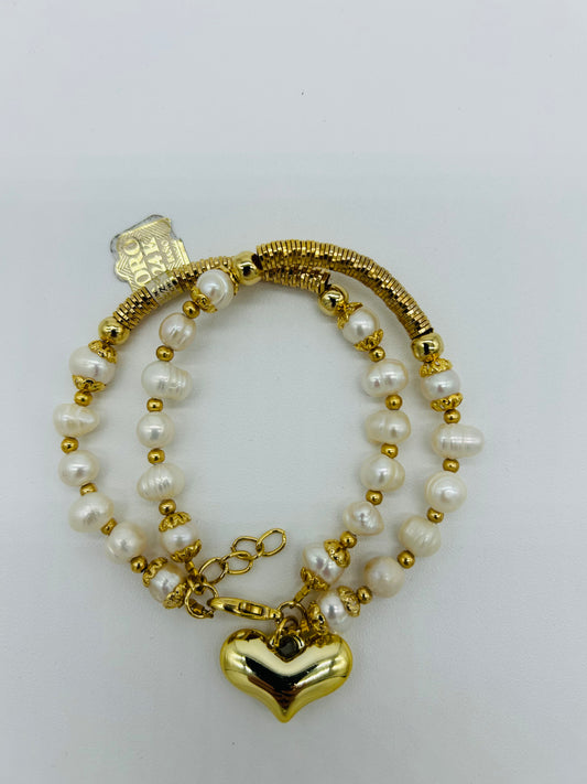 Pulsera Duo Perla de Río con Tubo y Corazón Dorado